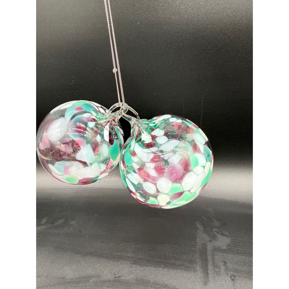 2 Handblown‎ Glass Confetti Christmas Ornaments Mint Cranberry Lavender 4"